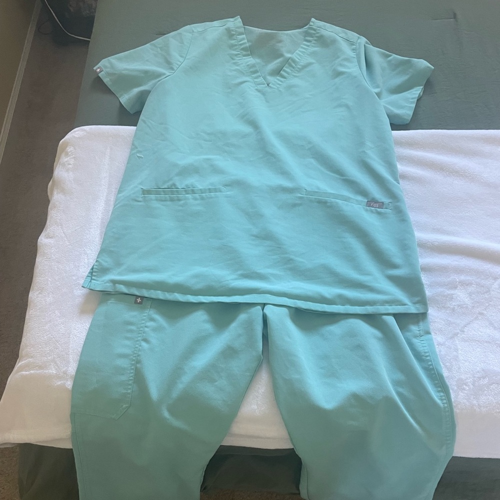 Figs Scrubs (mint) three pocket top. Cade cargo pants